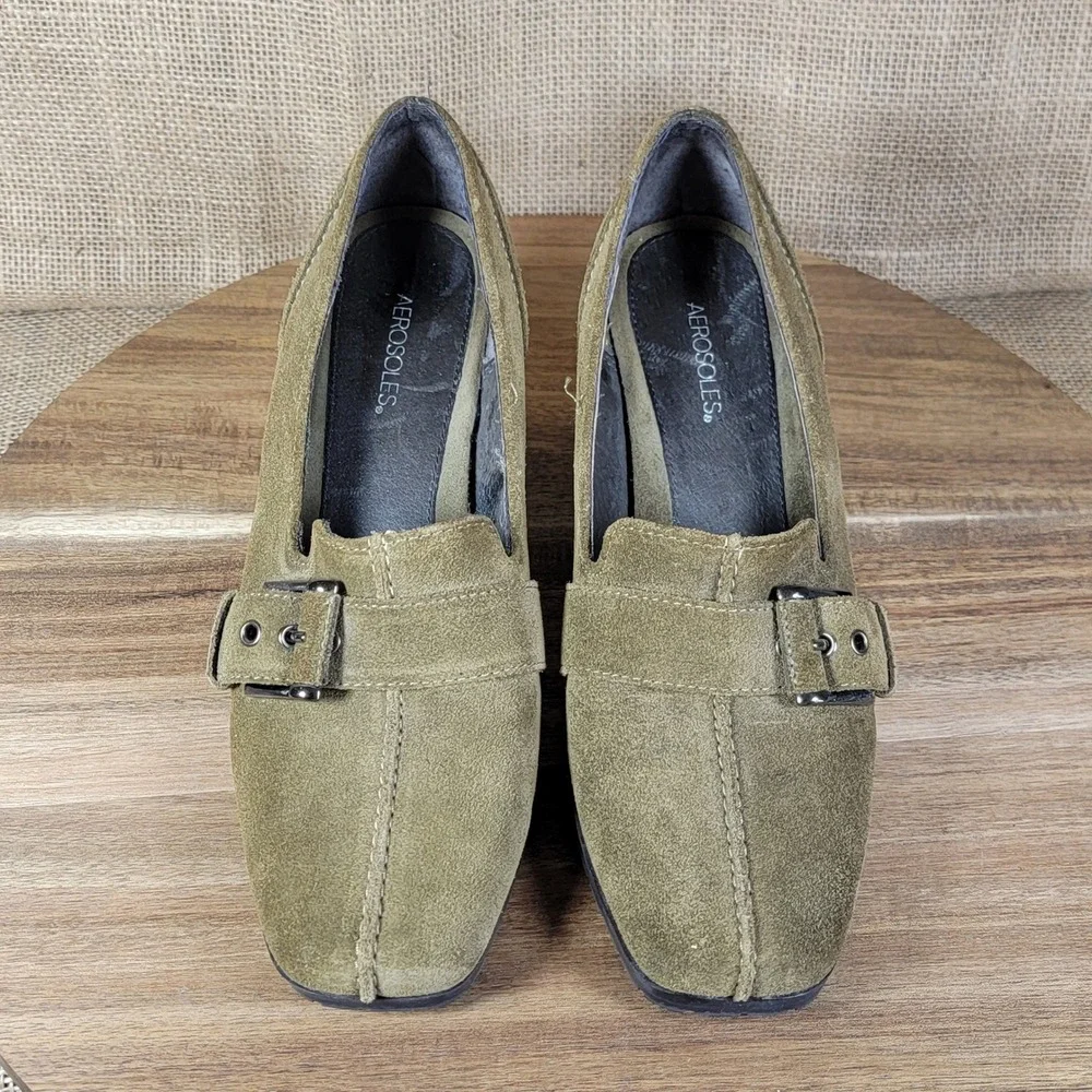 Aerosoles Suede Leather Wedge‎ Loafers Olive Buckle Comfort Heels Women's 5.5